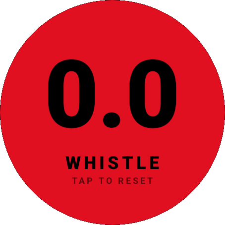 A round Wear OS watch at 0.0 in red: WHISTLE